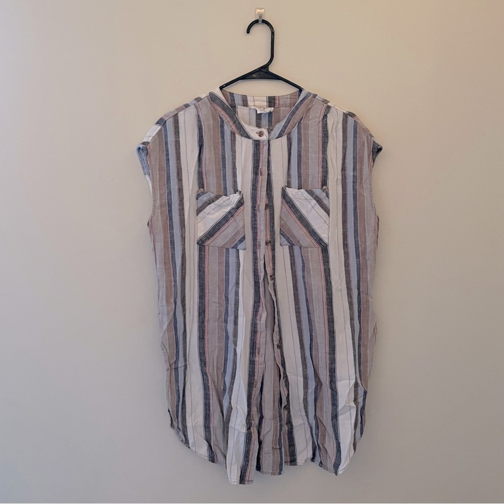 For the Republic cotton linen boho chic‎ flowy button sleeveless tunic striped